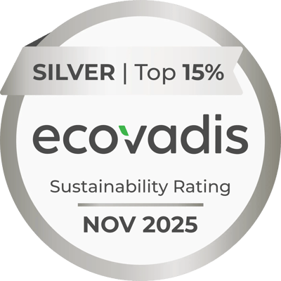 A badge indicating a "Silver" rating from EcoVadis, which signifies that the rated entity is in the top 15% for sustainability performance as of November 2025.